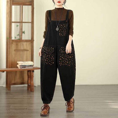 Loose Leg Print Denim Overalls