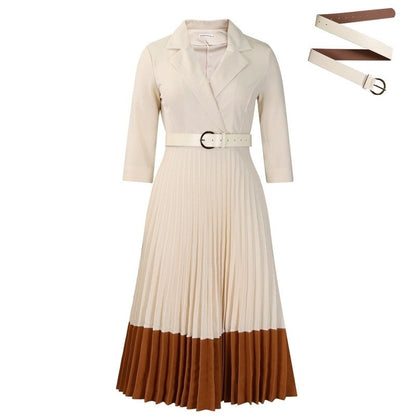 High Waist Pleated Blazer Collar Color Block Dress