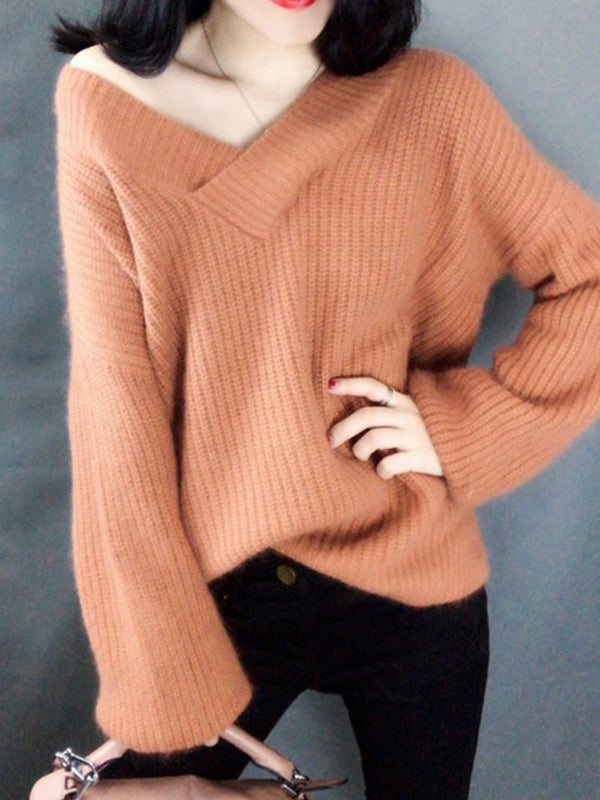 Loose Long Sleeves Solid Color V-Neck Sweater Tops