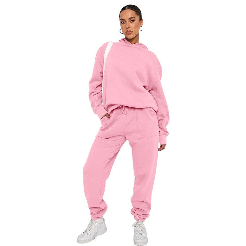 Solid Color Hooded Long Sleeve Sweatshirt Long Pants Set