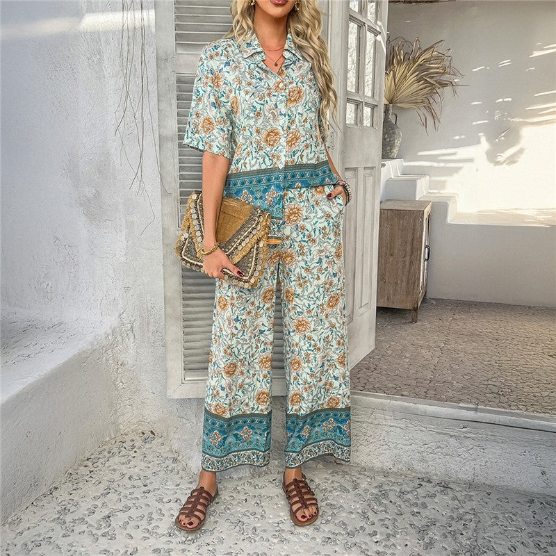 Floral Print Short Sleeve Cardigan And Pants Set