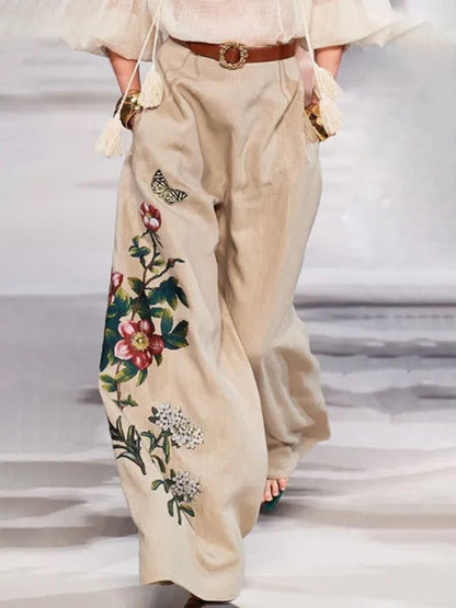 High Waisted Loose Belted Flower Print Pockets Pants Trousers