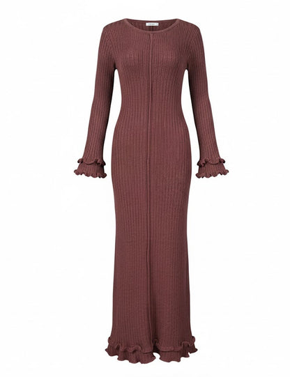 Elegant Solid Color Ruffled Trim Maxi Dress