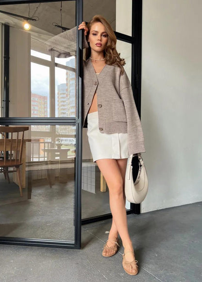 Oversized Knit Button Cardigan Brown Soft Fabric