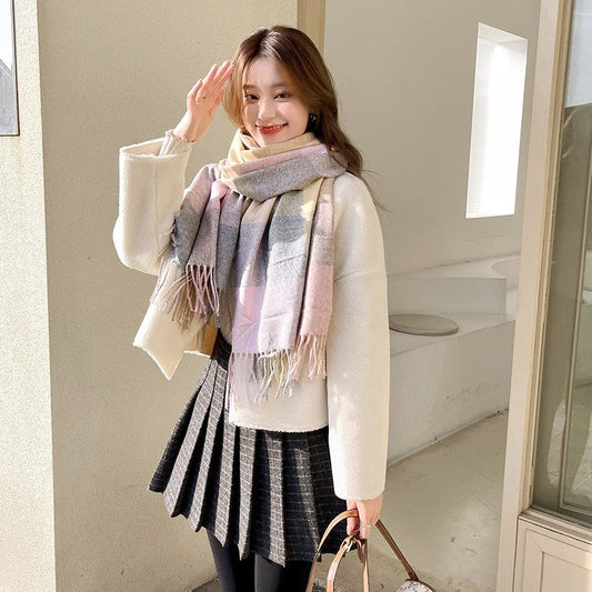 Color Block Plaid Fringe Scarf