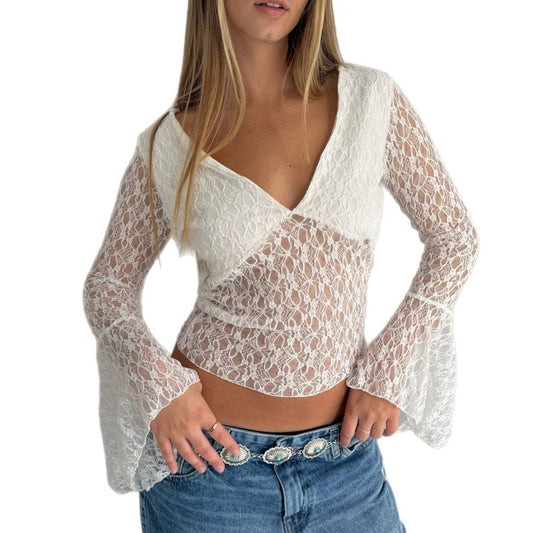 Crosa - Sheer Lace Bell-Sleeve Top Small  - Pure &amp; Sexy
