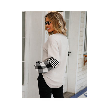 Casual Long Sleeves Loose Checkered Round-Neck Sweater Tops