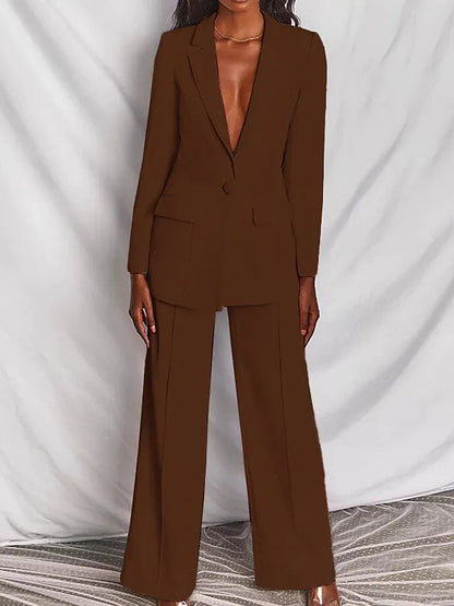 Long Sleeves Wrap Solid Color Deep V-Neck Cardigan&Pants Suits