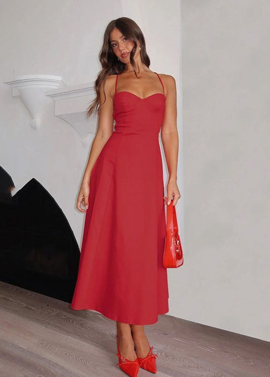 Strappy Back Midi Dress In Red Structured Fabric