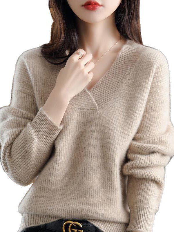 Loose Long Sleeves Solid Color V-Neck Sweater Tops