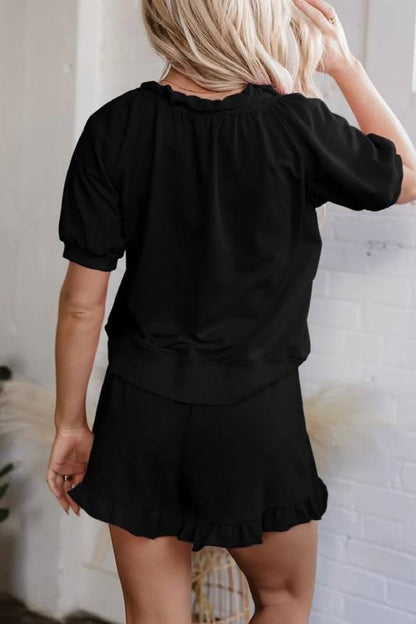 Women's Casual Half-zip Top and Ruffle Shorts Set