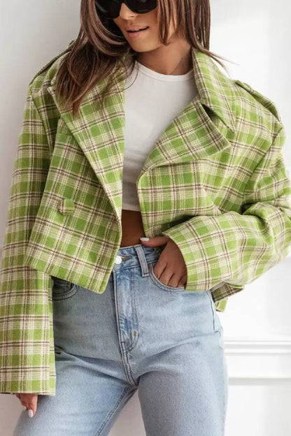 Women Fall\/Winter Turndown Collar Plaid Print Jacket