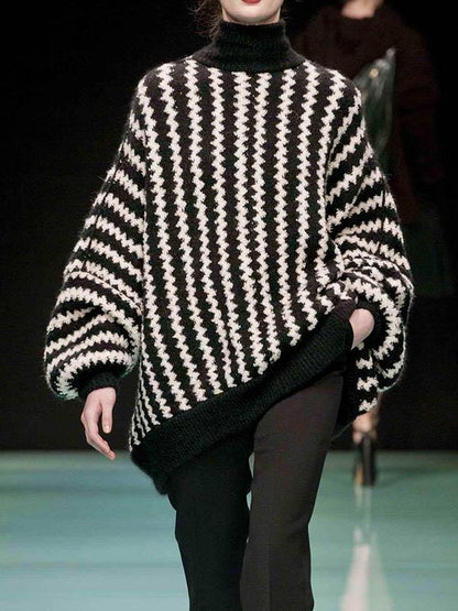 Casual Stripe Printed High-Neck Sweater