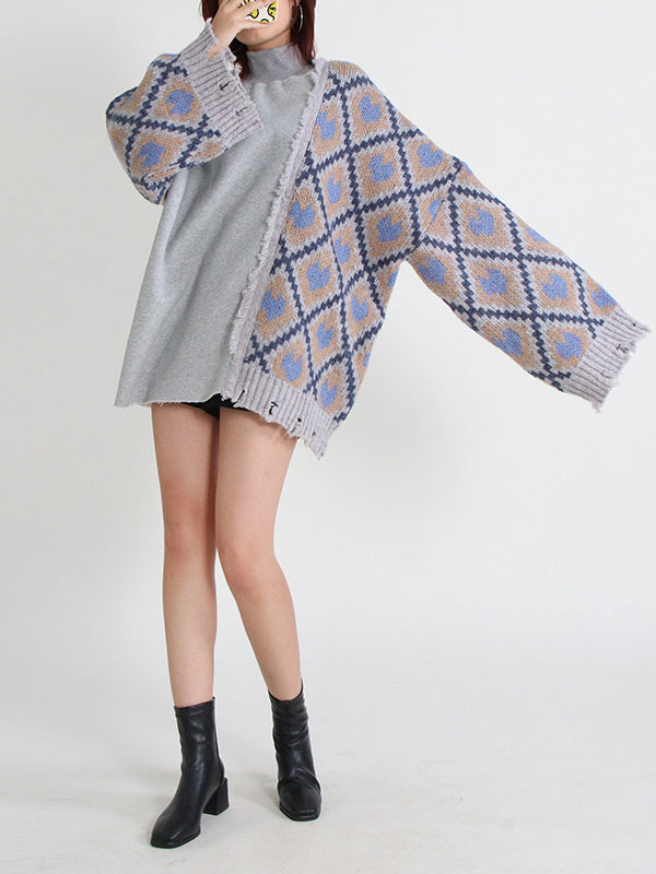 Batwing Sleeves Color-Block Plaid Split-Joint High-Neck Sweater