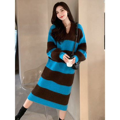 Stylish Loose Striped V-Neck Sweater Dresses