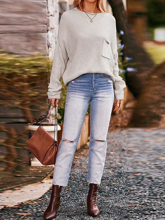 Batwing Sleeves Long Sleeves Hollow Pockets Solid Color Round-Neck Knitwear Pullovers Sweater Tops