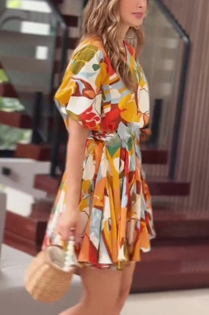 Unique Printed Round Neck Short Sleeve Waist Tie Vacation Mini Dress