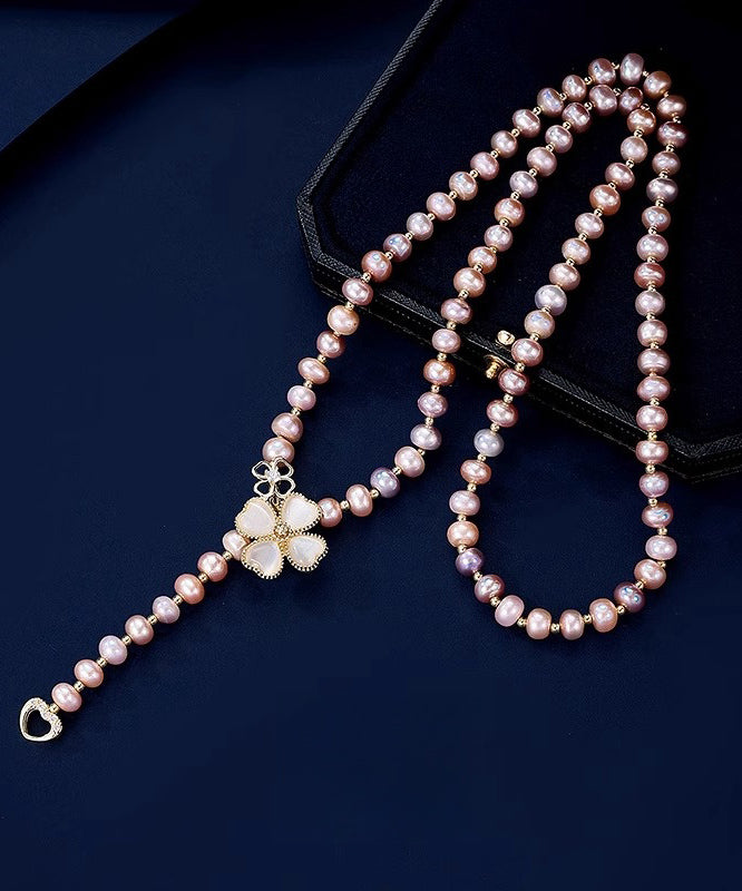 Elegant Champagne Alloy Pearl Zircon Floral Lariat Necklace
