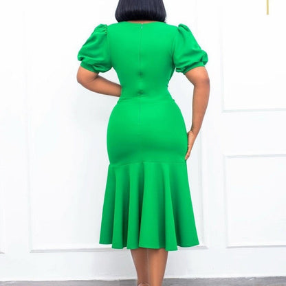 Polyester Bodycon V-Neck Solid Color Dress Short Sleeve