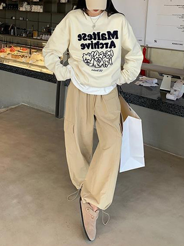 High Waisted Loose Drawstring Elasticity Pockets Solid Color Split-Joint Pants Trousers