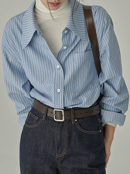 Loose Contrast Color Pockets Striped Blouses&Shirts Tops