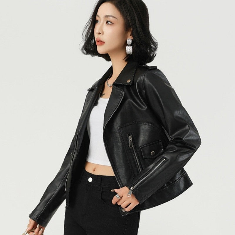Short Biker Leather Jacket Lapel Collar