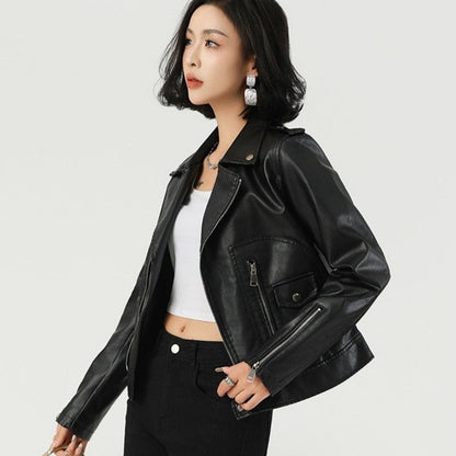 Short Biker Leather Jacket Lapel Collar