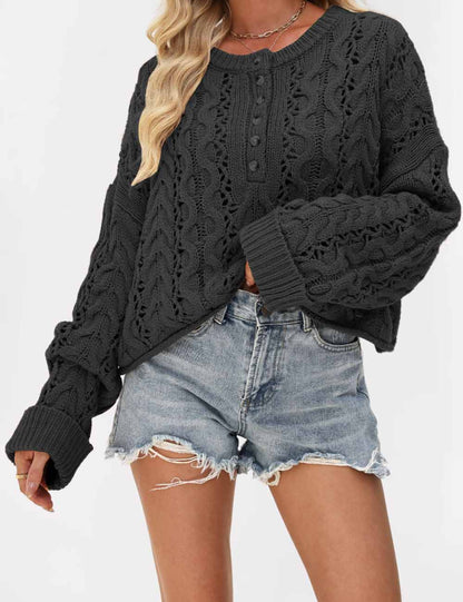Cable Knit Round Neck Button Pullover Sweater