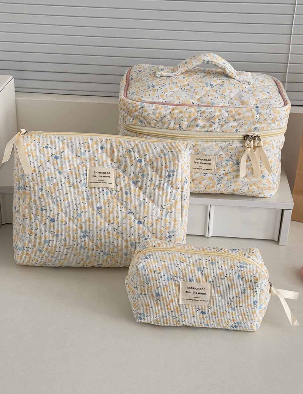 Cute Corduroy Flower Print Travel Makeup Bag