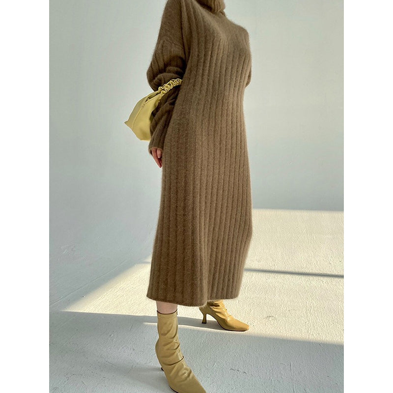 Simple Loose Long Sleeves Keep Warm Solid Color High-Neck Sweater Dresses