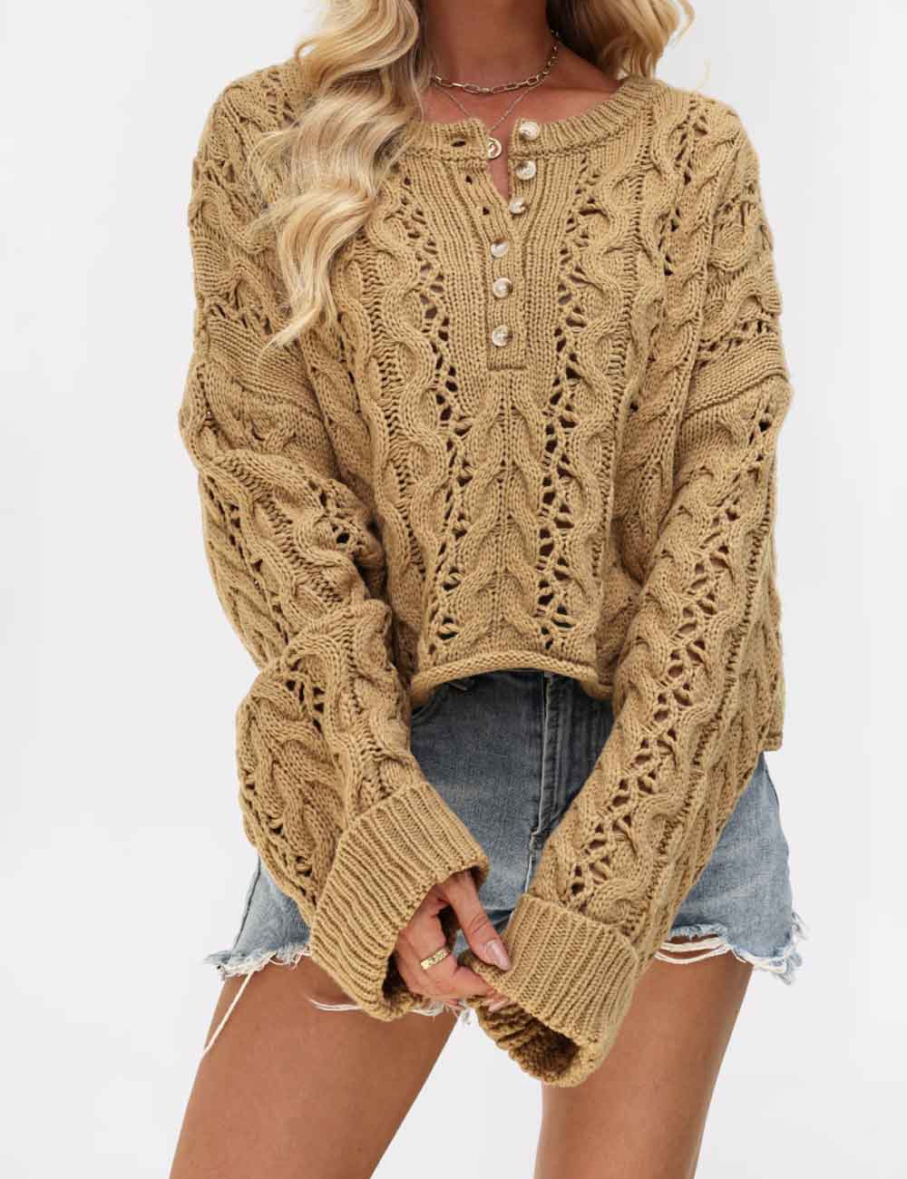 Cable Knit Round Neck Button Pullover Sweater
