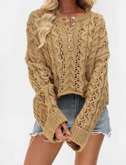 Cable Knit Round Neck Button Pullover Sweater