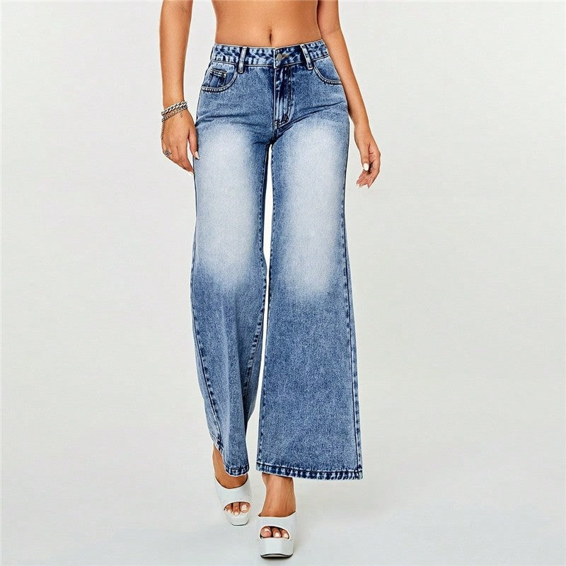 Commuting High Waist Casual Straight Wide Leg Loose Casual Denim Trousers