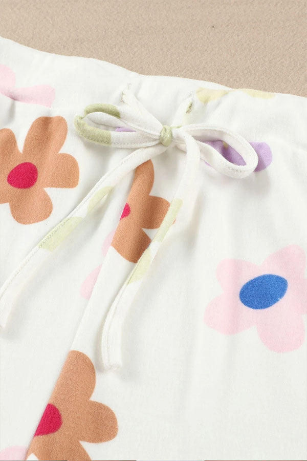 White Floral Print Henley Top \u0026 Drawstring Shorts Loungewear Set