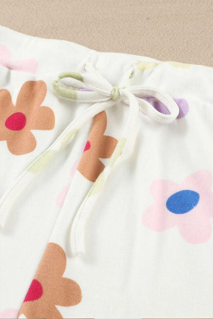 White Floral Print Henley Top \u0026 Drawstring Shorts Loungewear Set