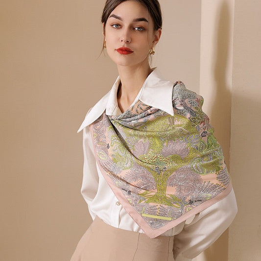 Printed Large Square Retro Simulation Silk Scarf