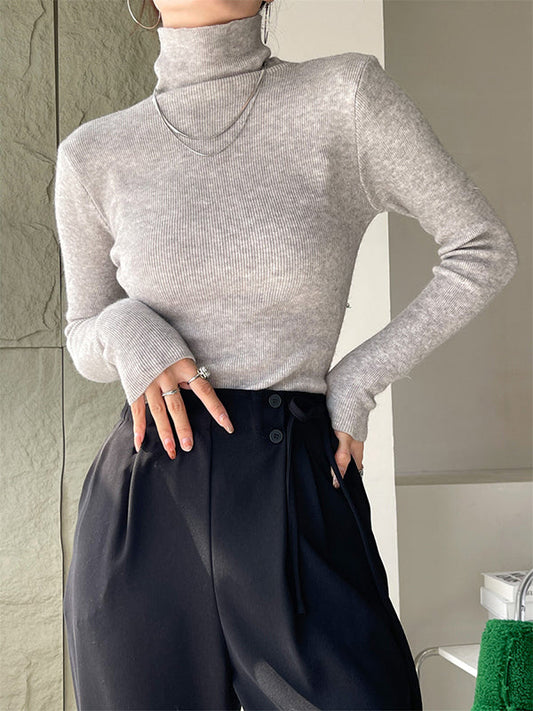 Casual Long Sleeves Skinny Solid Color High-Neck Sweater Tops