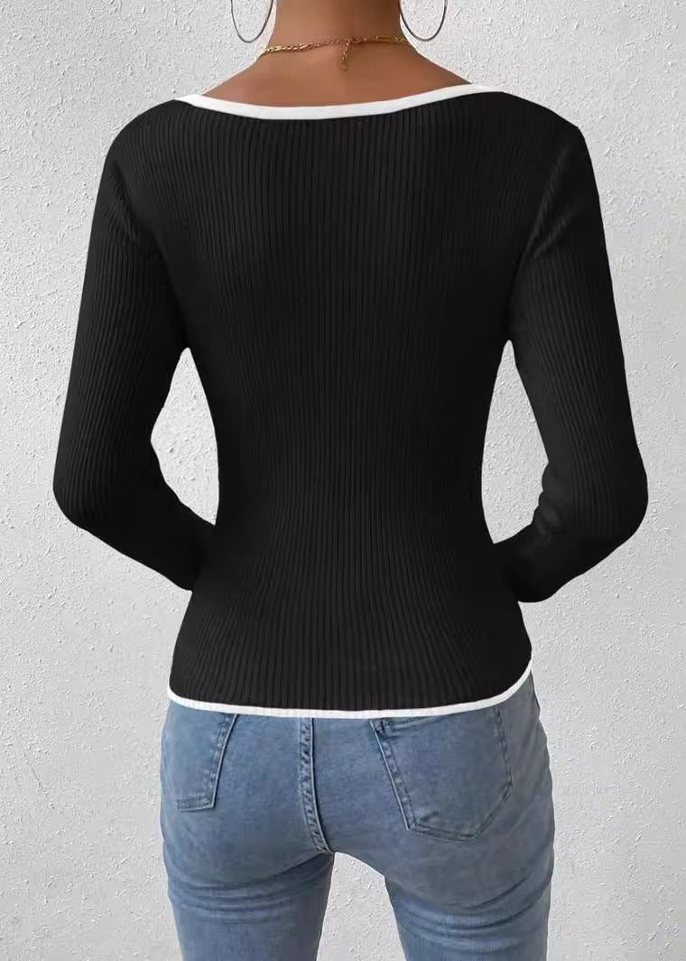 Ribbed Knit V Neck Sweater with Contrast Trim