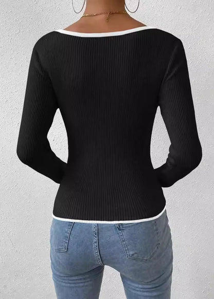 Ribbed Knit V Neck Sweater with Contrast Trim