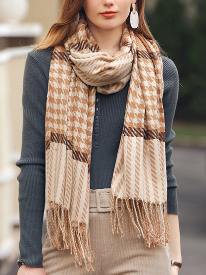 Houndstooth Plaid Tasseled Shawl&Scarf