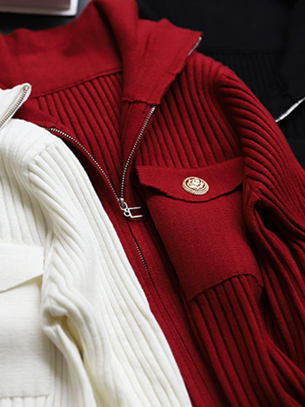 Solid Color Retro Pockets  Zipper Long Sleeves Stand Collar Sweater