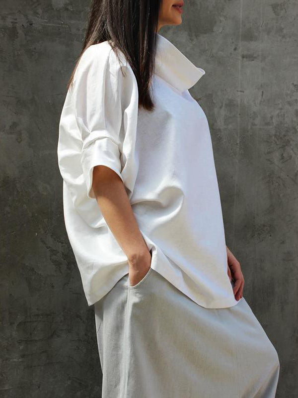 Simple Casual Loose Solid Color High-Neck Half Sleeves T-Shirt Top