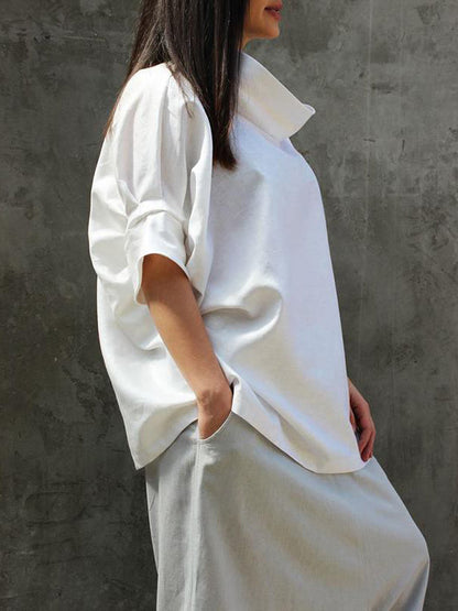 Simple Casual Loose Solid Color High-Neck Half Sleeves T-Shirt Top