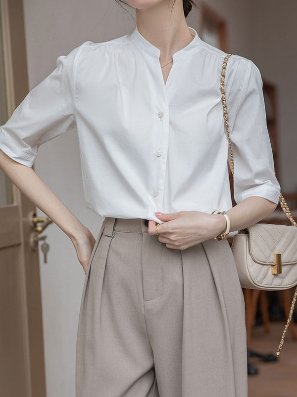 Half Sleeves Loose Buttoned Pleated Solid Color Split-Joint Stand Collar Blouses&Shirts Tops