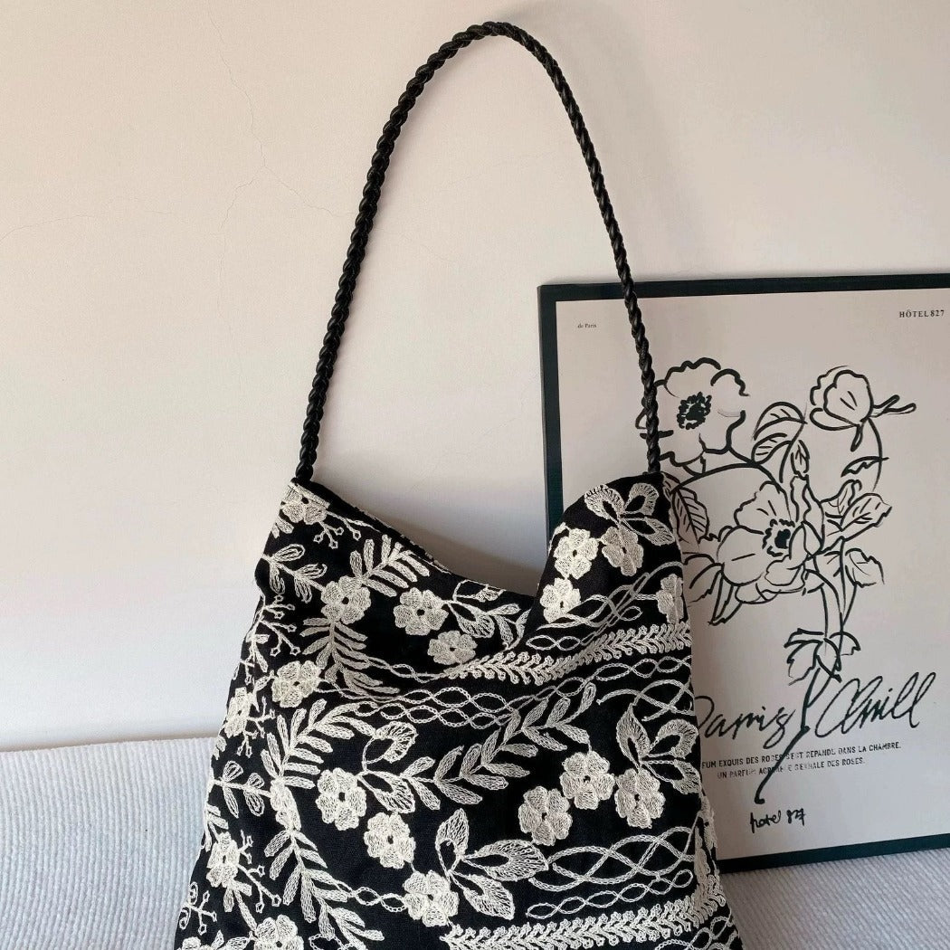 Cosbai - Embroidered Flower Shoulder Tote Bag - Basic &amp; Simple