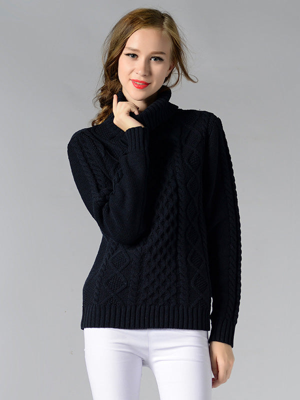 Casual 5 Colors Jacquard High-Neck Long Sleeves Sweater Top
