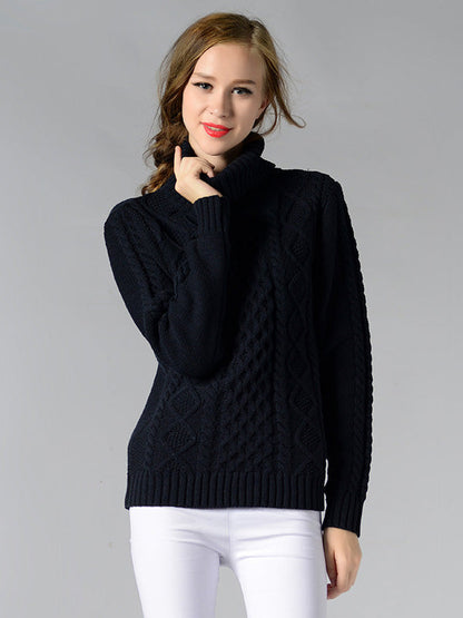 Casual 5 Colors Jacquard High-Neck Long Sleeves Sweater Top
