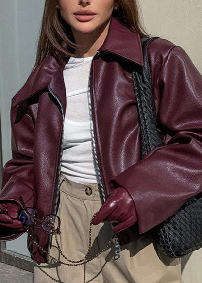 Faux Leather Zip Up Jacket Burgundy Modern