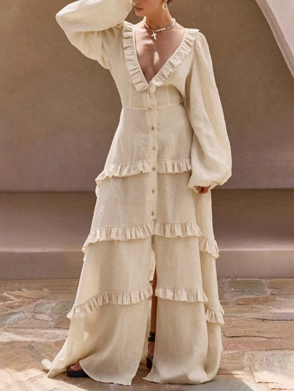 A-Line Long Sleeves Buttoned Elasticity Pleated Ruffle Trim Solid Color Split-Joint Tied Waist Deep V-Neck Maxi Dresses