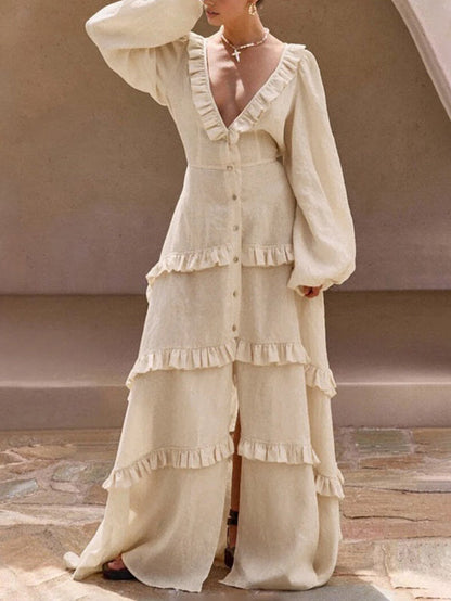 A-Line Long Sleeves Buttoned Elasticity Pleated Ruffle Trim Solid Color Split-Joint Tied Waist Deep V-Neck Maxi Dresses